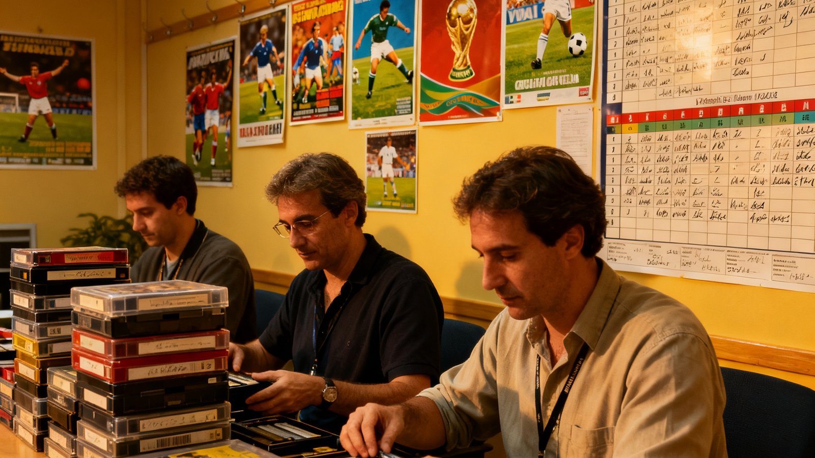 世界杯回放团队在办公室中整理历史录像带，墙上贴满世界杯海报和赛程表